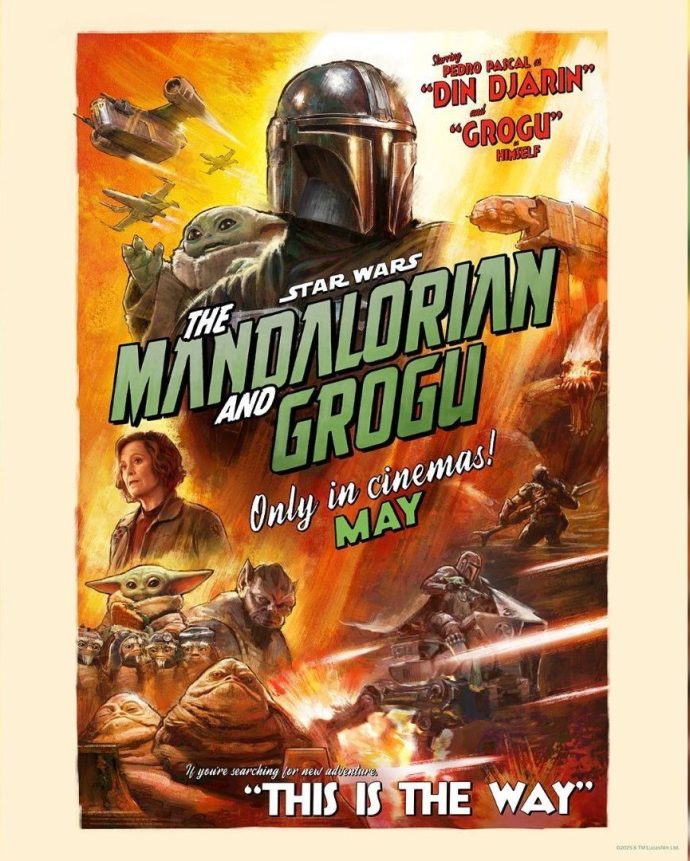 A pulp style poster for the Mandalorian and Grogu movie.