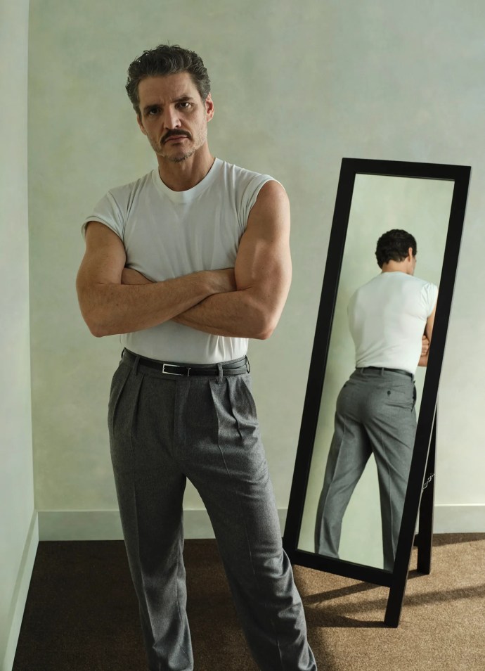Pedro Pascal in tight pants standing in front of a mirror. You're welcome.